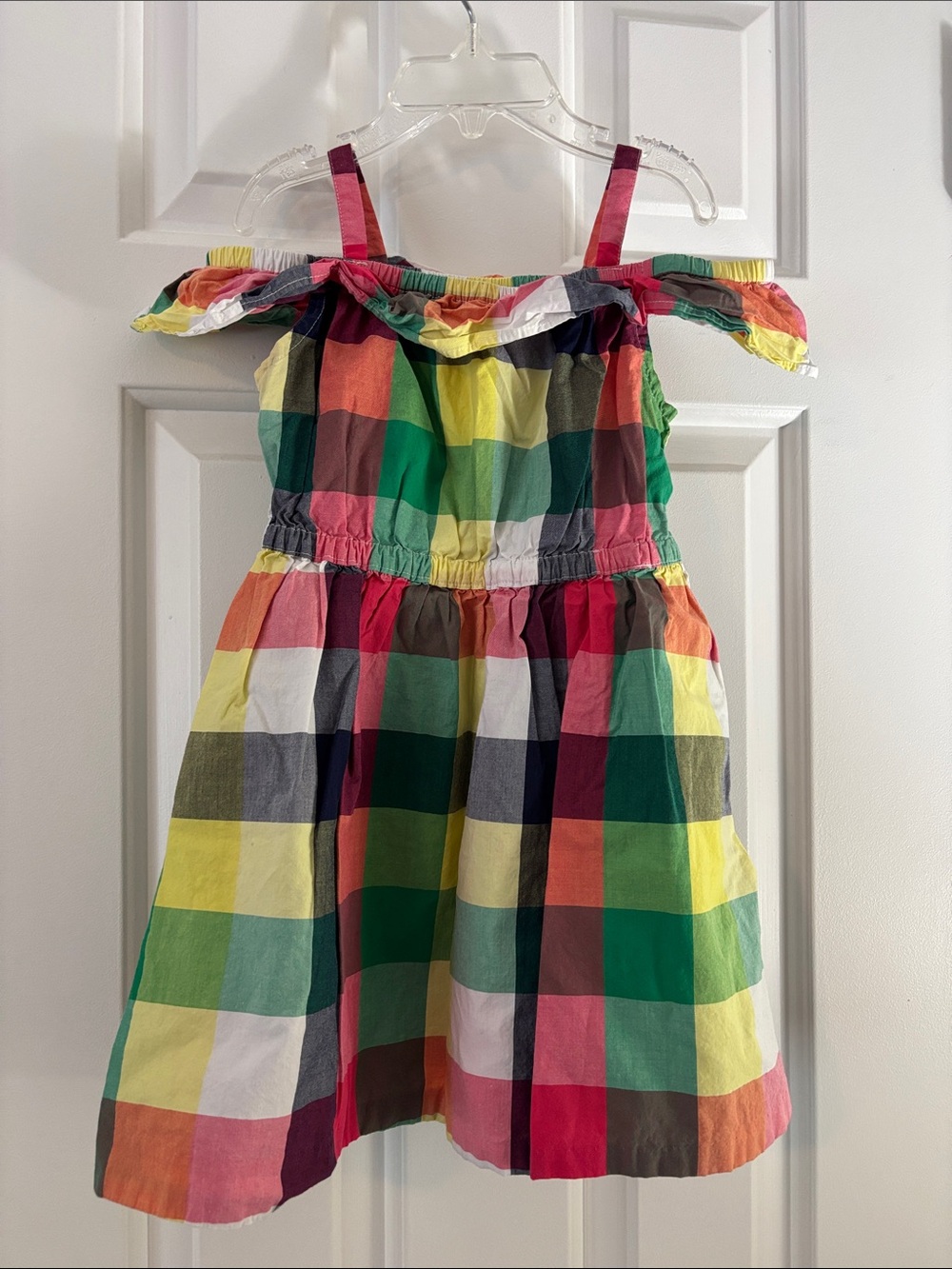 Janie and Jack Girls Plaid Off-Shoulder Dress in Green, Yellow, Pink and Red